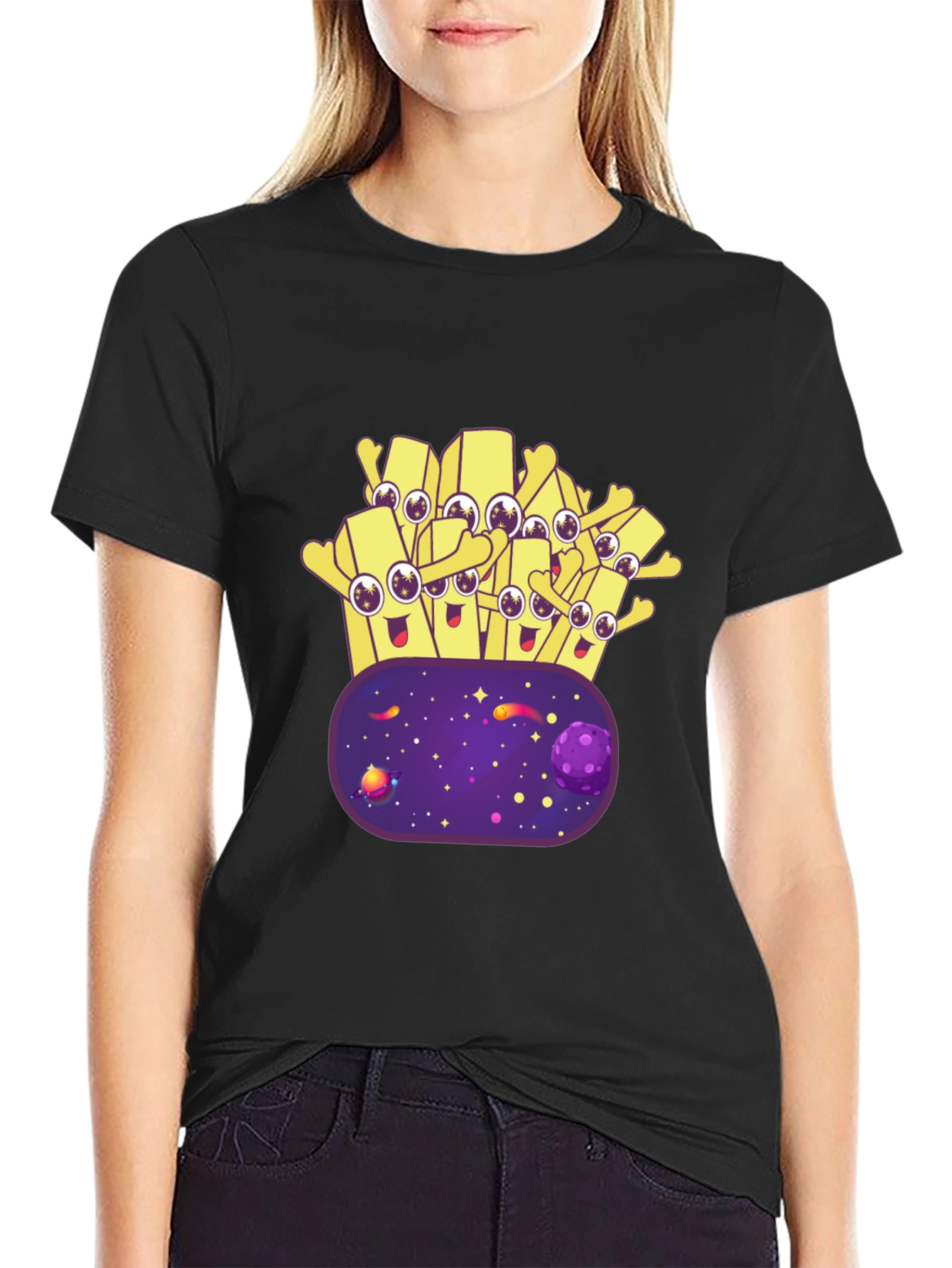 Cartoon Fries Galaxy T-Shirt - Black