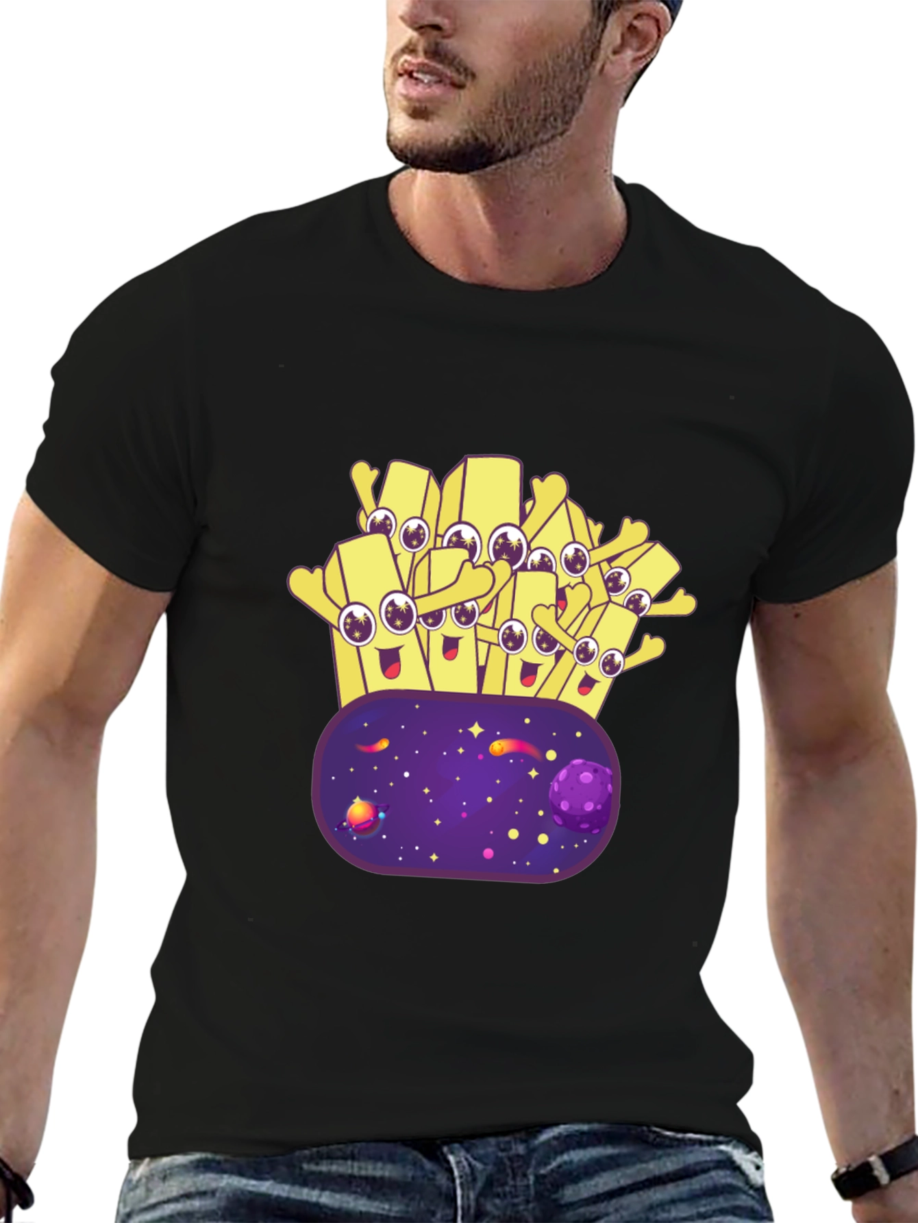 Cartoon Fries Galaxy T-Shirt - Black