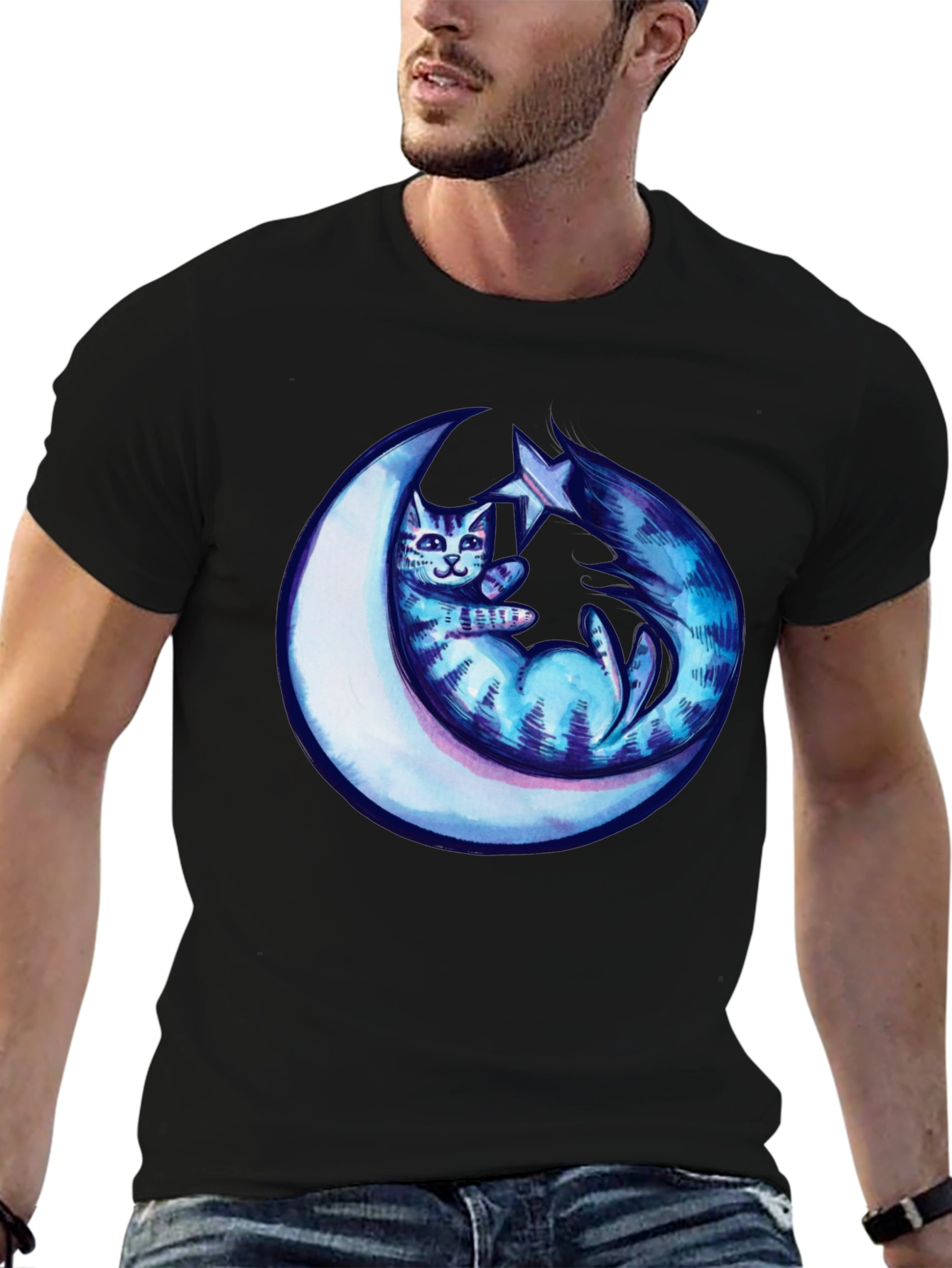 Cosmic Cat & Moon Graphic Tee