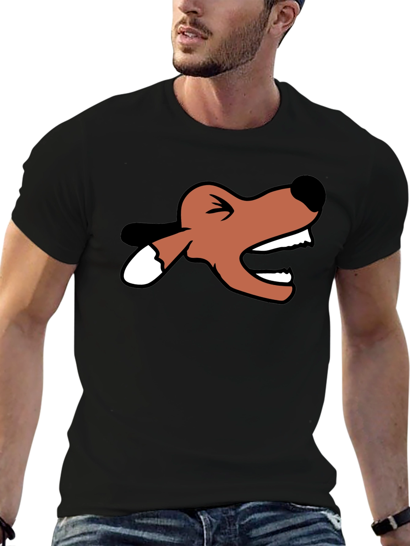 Cartoon Fox Head Black T-Shirt