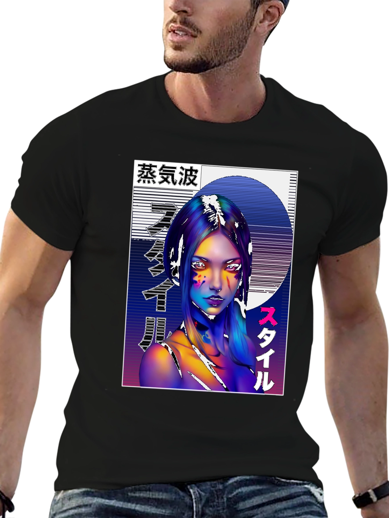 Vaporwave Style Graphic Tee - Black Cotton Shirt