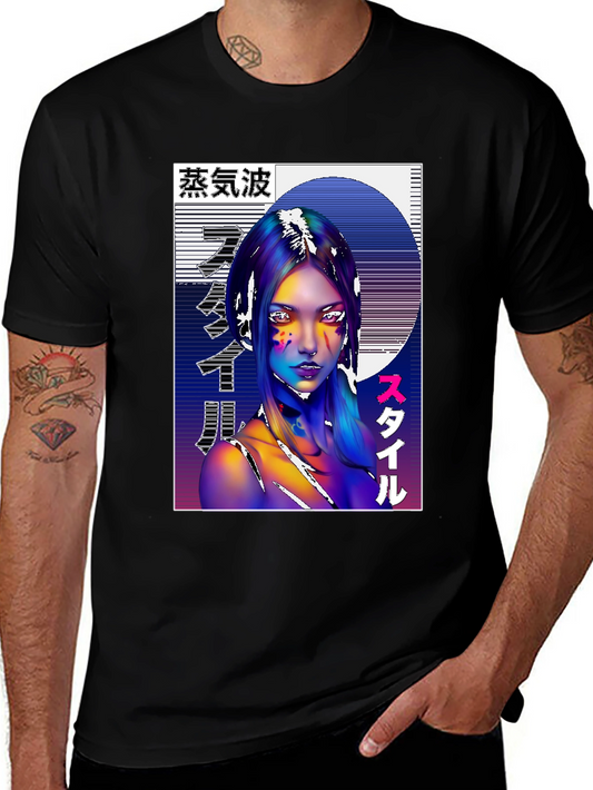 Vaporwave Style Graphic Tee - Black Cotton Shirt
