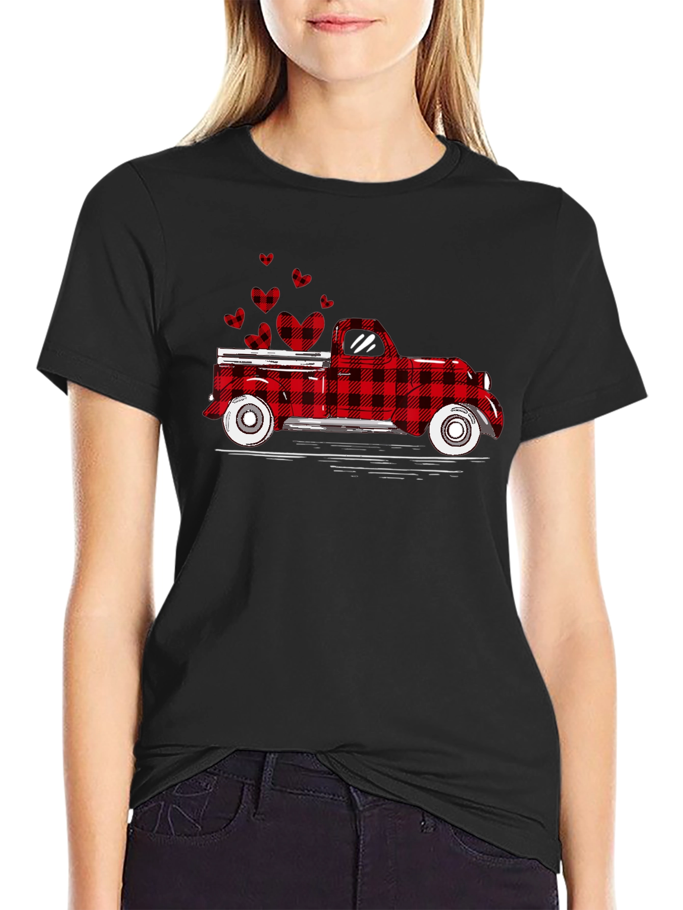 Buffalo Plaid Truck Hearts Graphic Tee