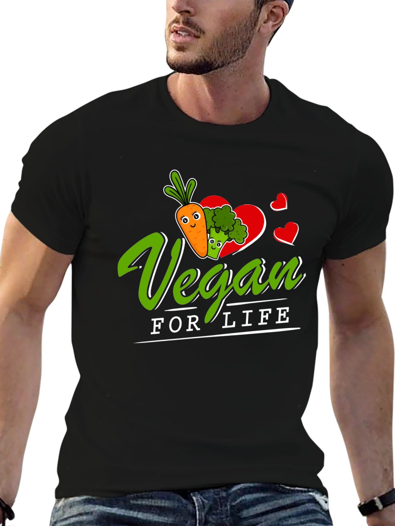 Vegan for Life T-Shirt - Carrot Broccoli Design