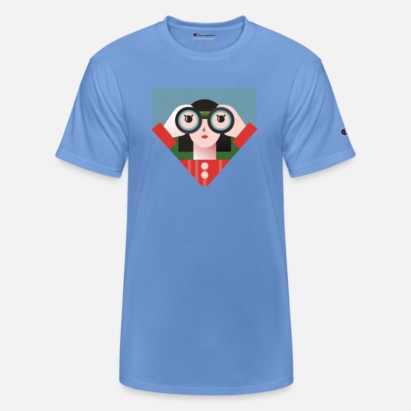 a designer with binoculars is looking for a client