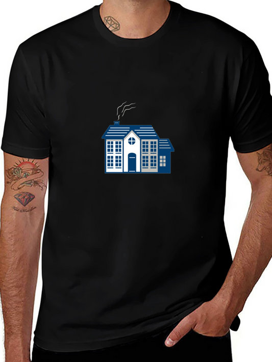Stylish Black Tee with Blue House Graphic