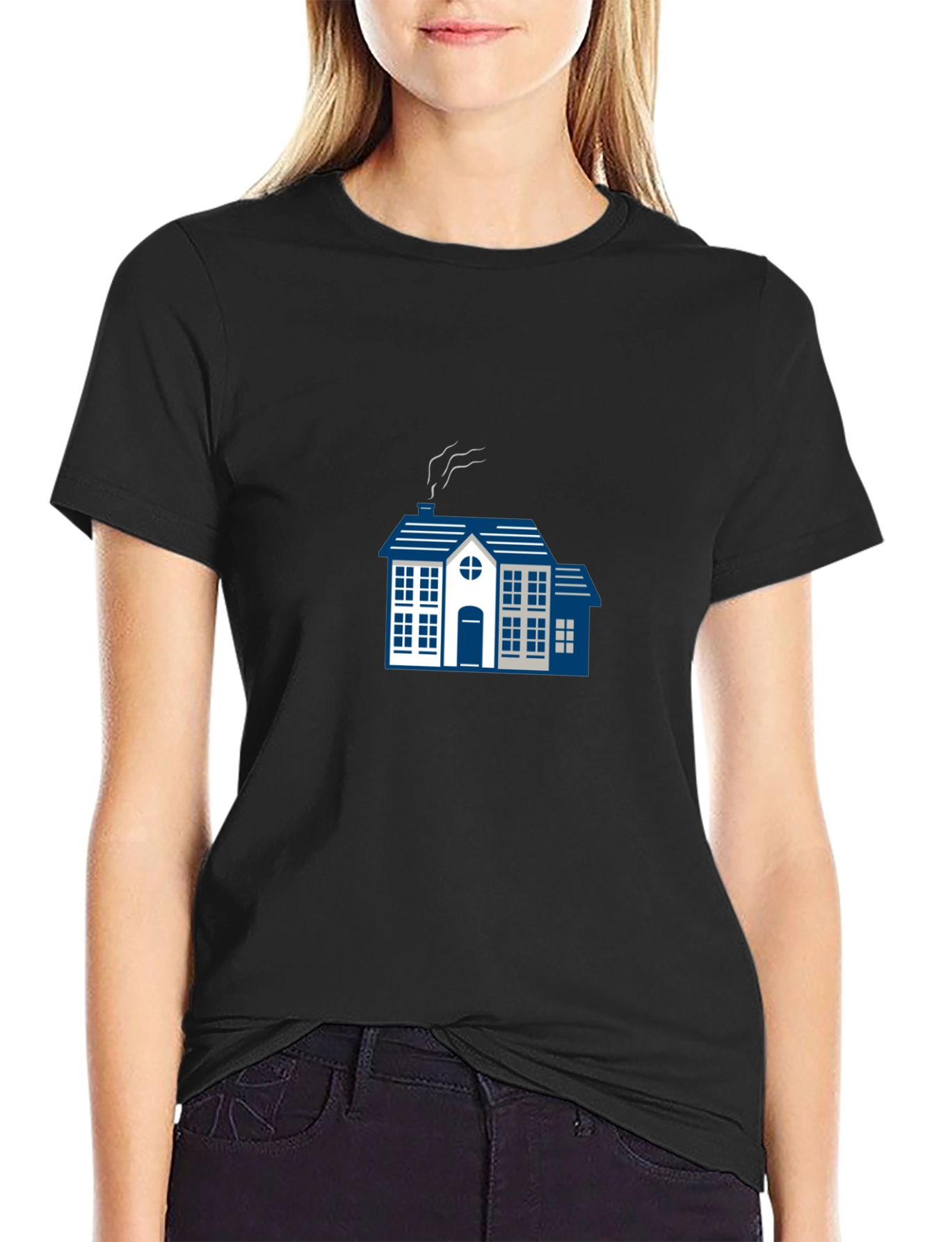 Stylish Black Tee with Blue House Graphic