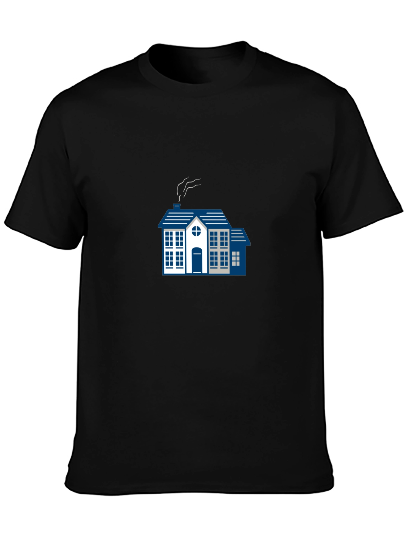 Stylish Black Tee with Blue House Graphic