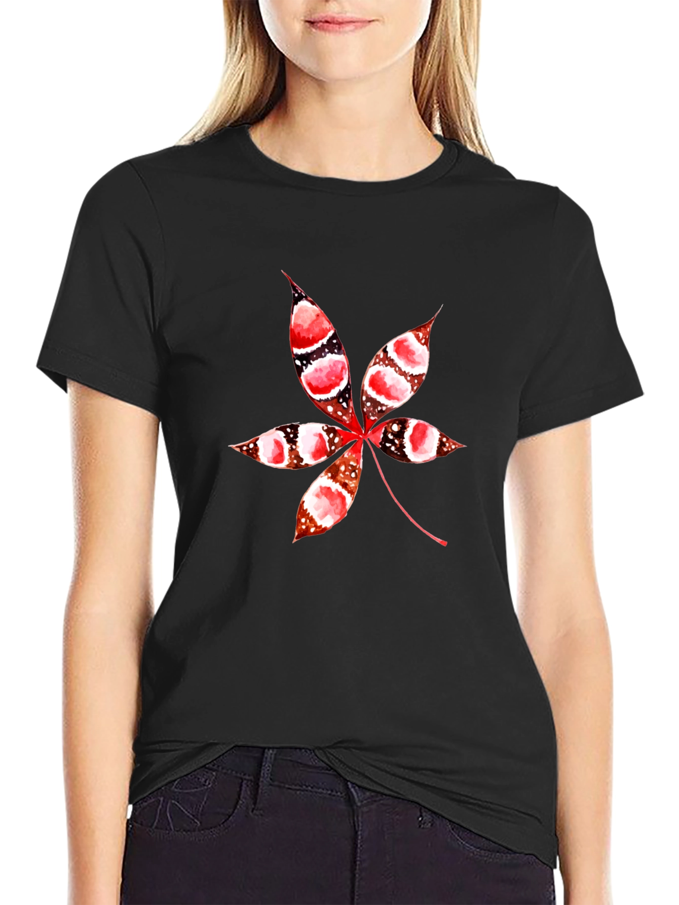 Unique Leaf Print Black T-Shirt