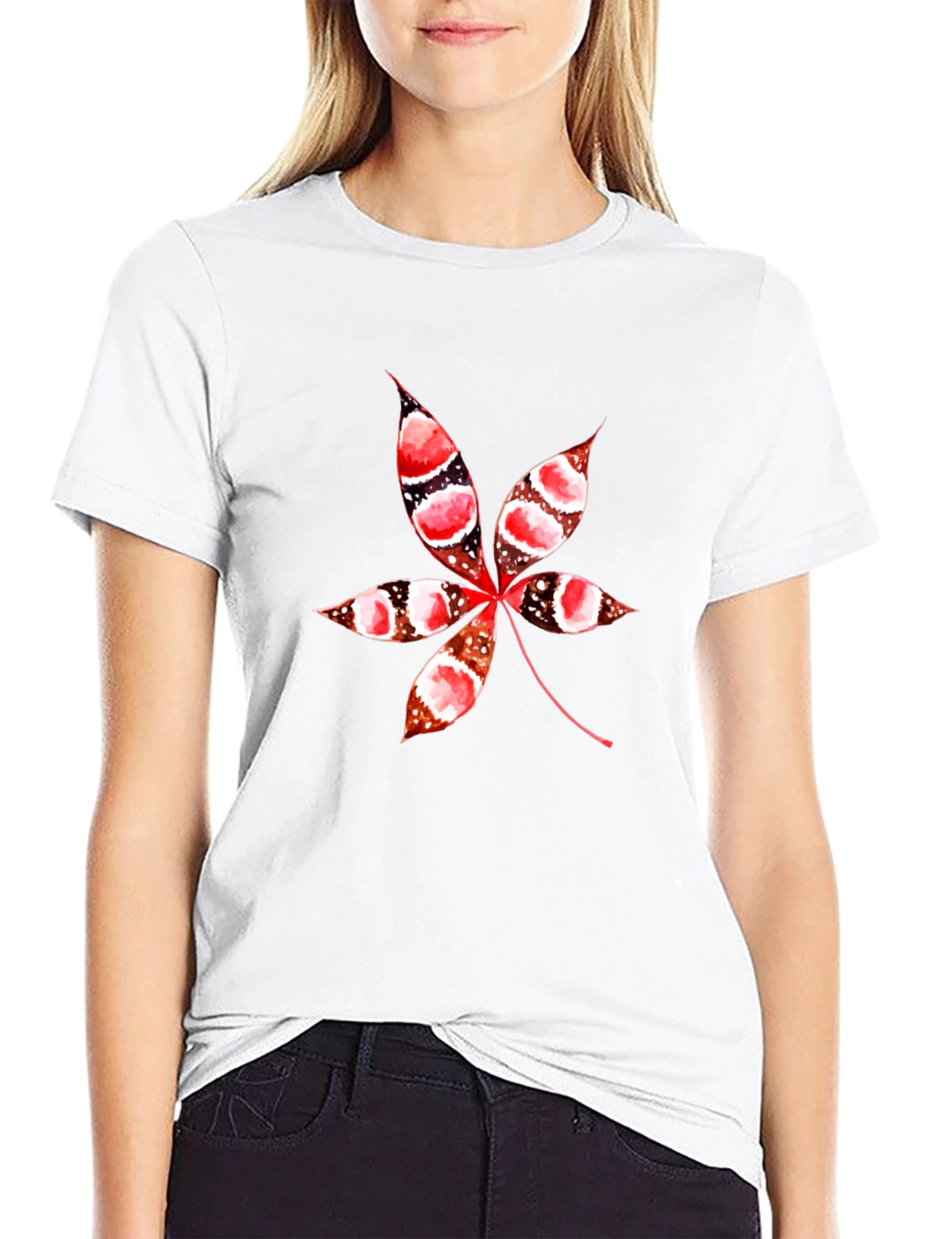Unique Leaf Print Black T-Shirt