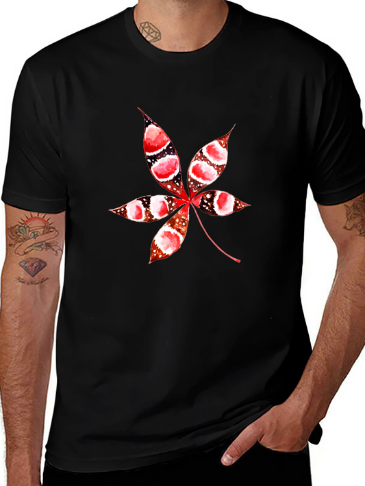 Unique Leaf Print Black T-Shirt