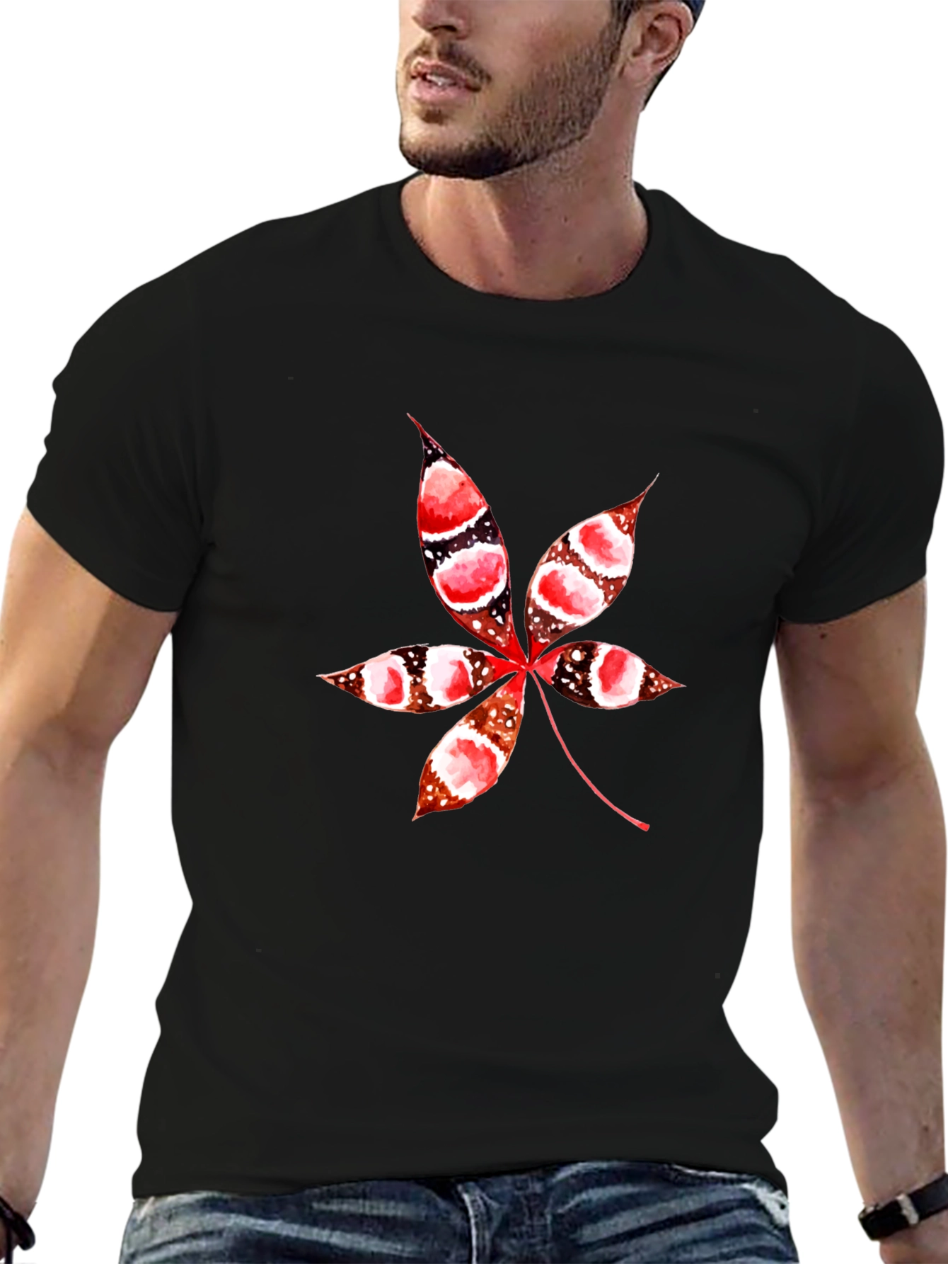 Unique Leaf Print Black T-Shirt