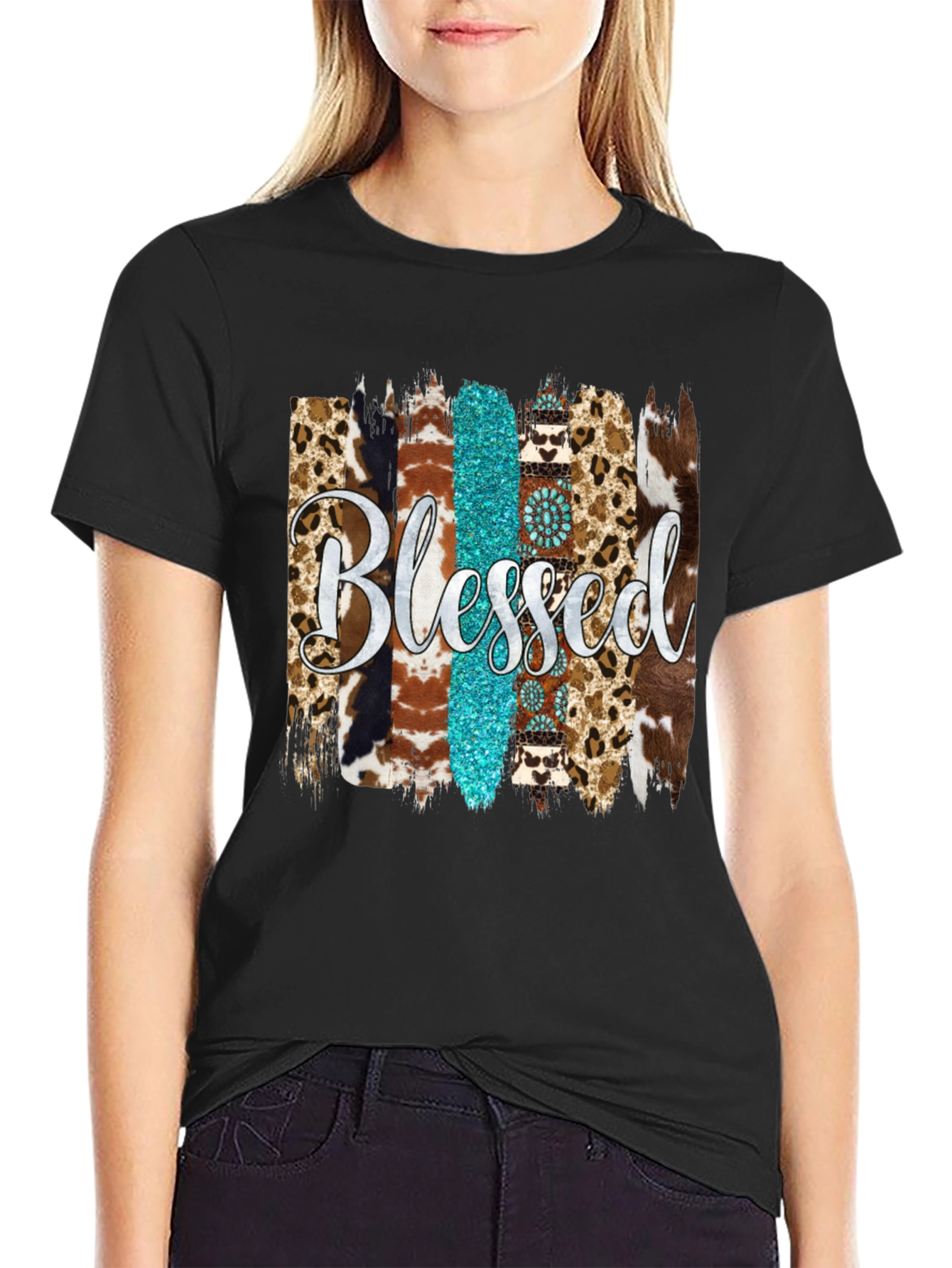Blessed Western Graphic Tee - Turquoise & Animal Print