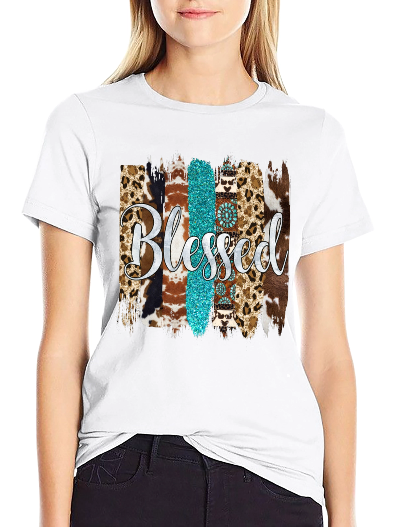 Blessed Western Graphic Tee - Turquoise & Animal Print