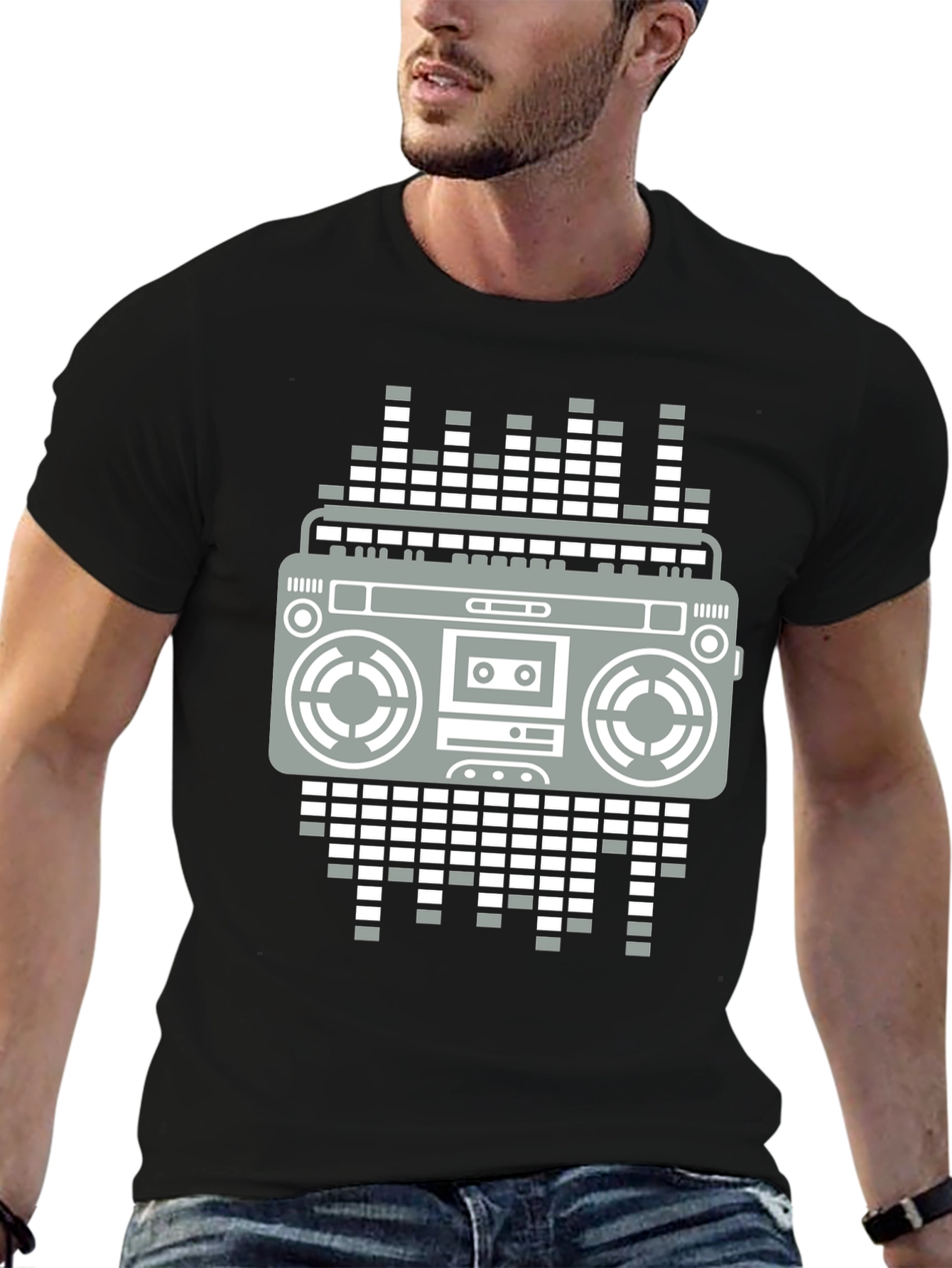 Retro Boombox Graphic Tee - Black Casual T-Shirt