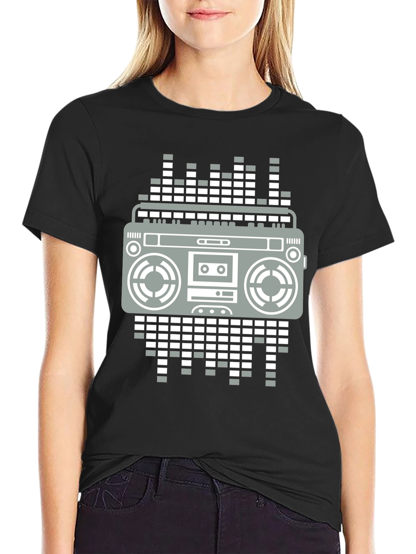 Retro Boombox Graphic Tee - Black Casual T-Shirt