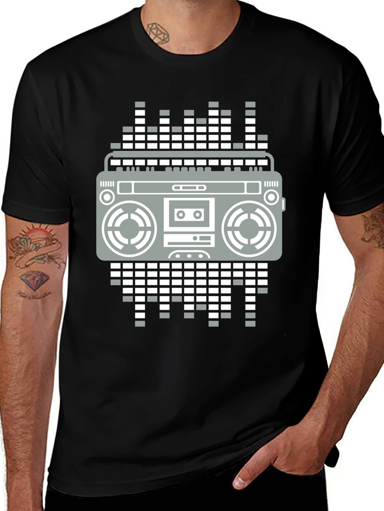 Retro Boombox Graphic Tee - Black Casual T-Shirt