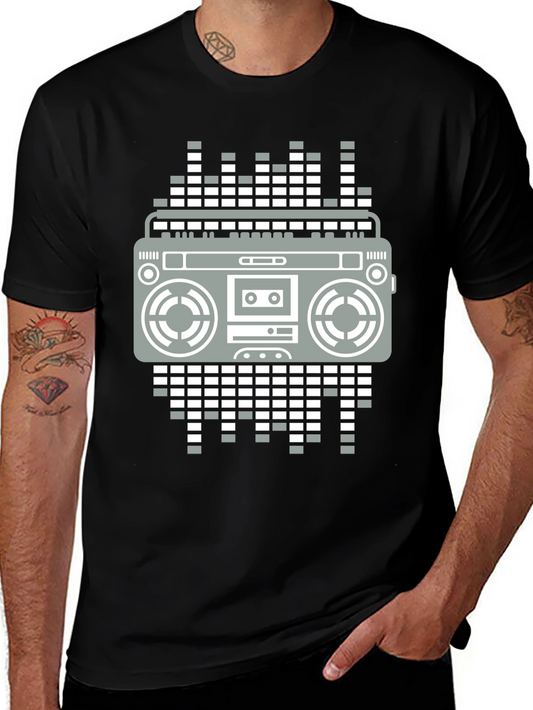 Retro Boombox Graphic Tee - Black Casual T-Shirt