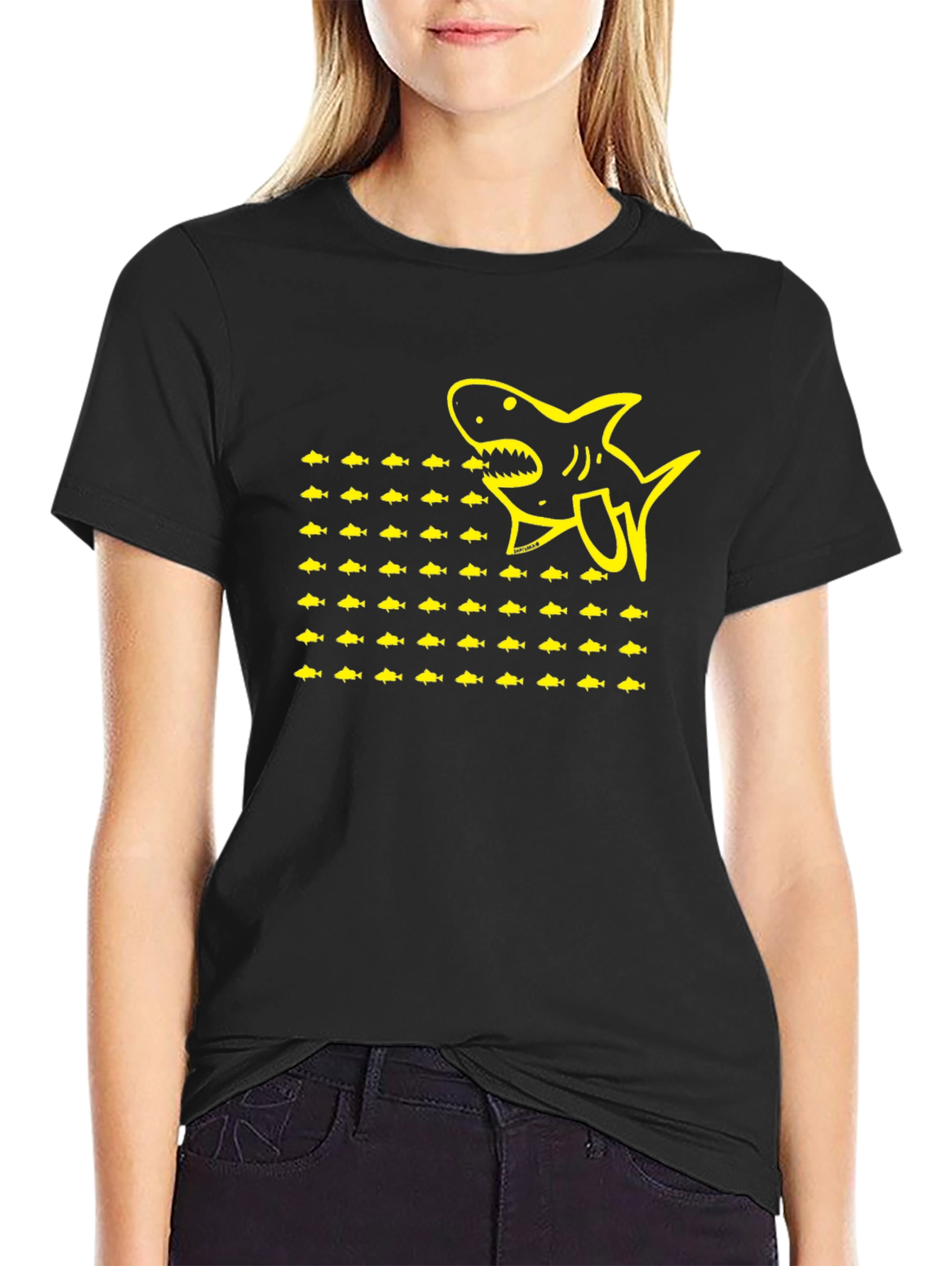 Shark & Fish Graphic Tee - Black Cotton T-Shirt