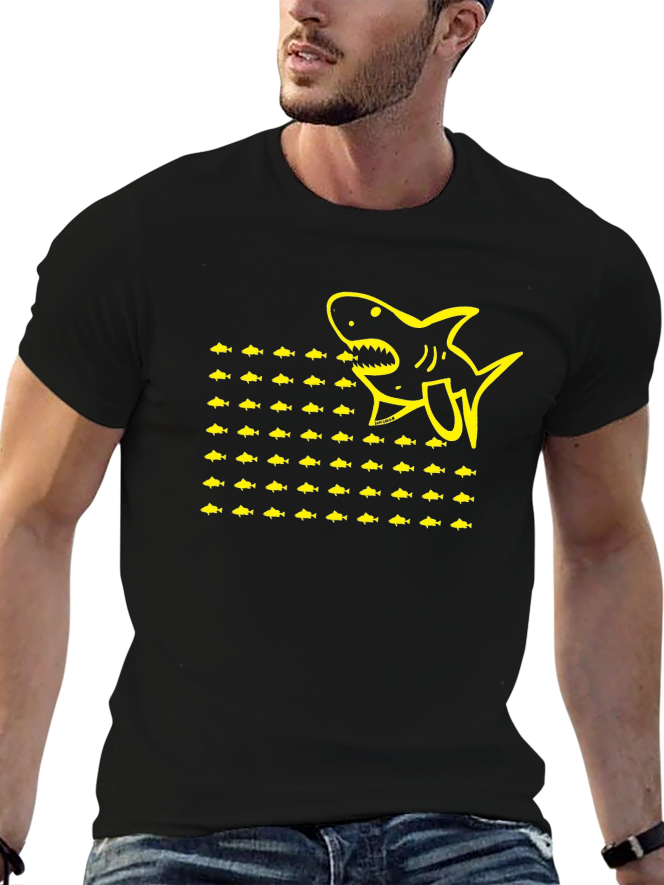 Shark & Fish Graphic Tee - Black Cotton T-Shirt