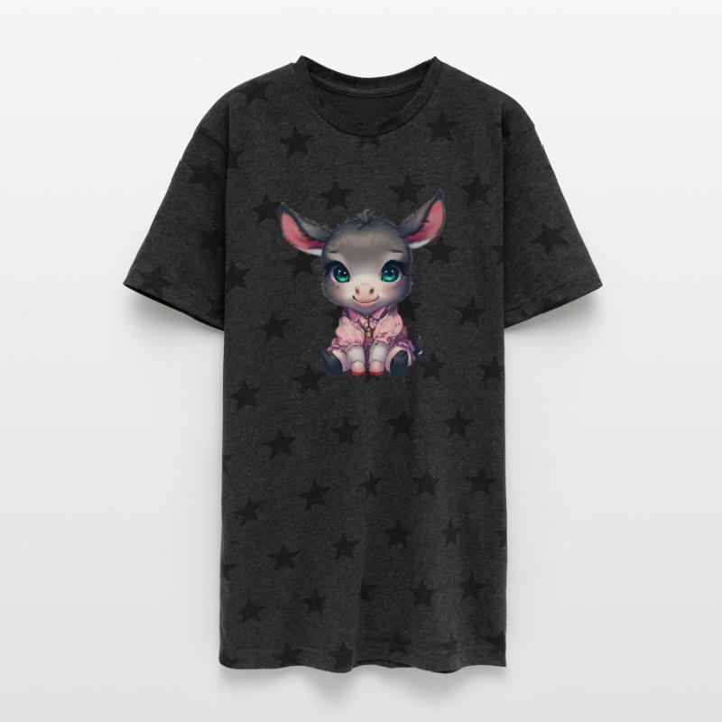 Baby female donkey wearing a pink dress