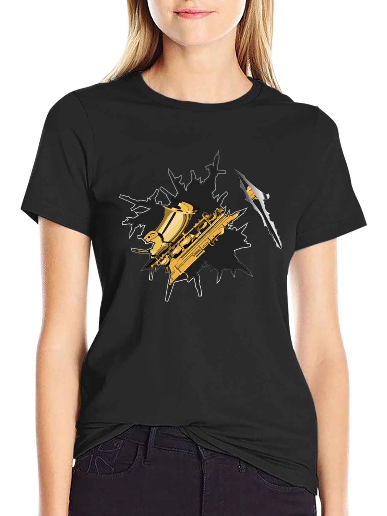 Saxophone Graphic Tee - Black Cotton Blend