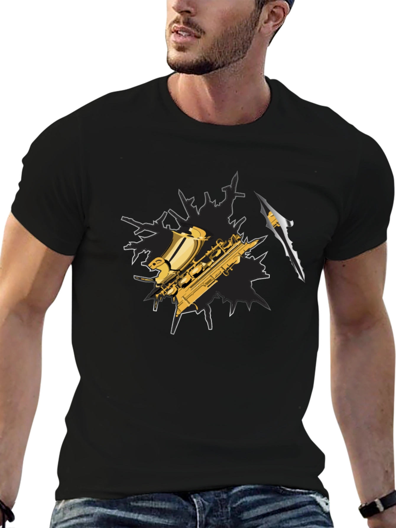 Saxophone Graphic Tee - Black Cotton Blend