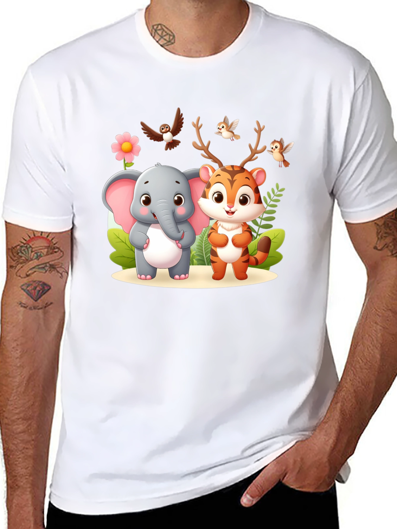Cute Cartoon Animal Graphic Black T-Shirt