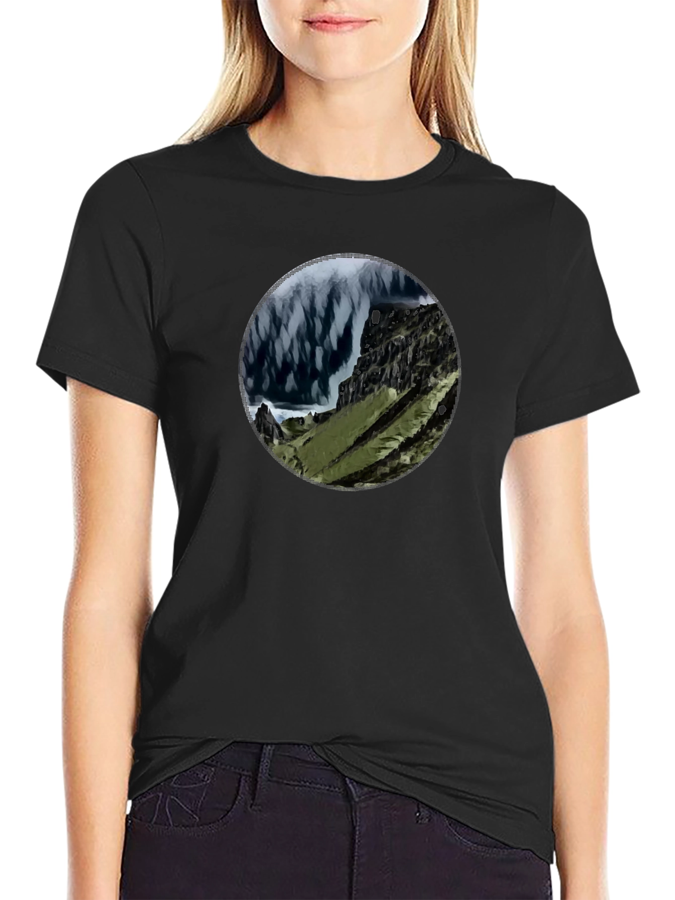 Abstract Mountain Scene Graphic Tee - Black