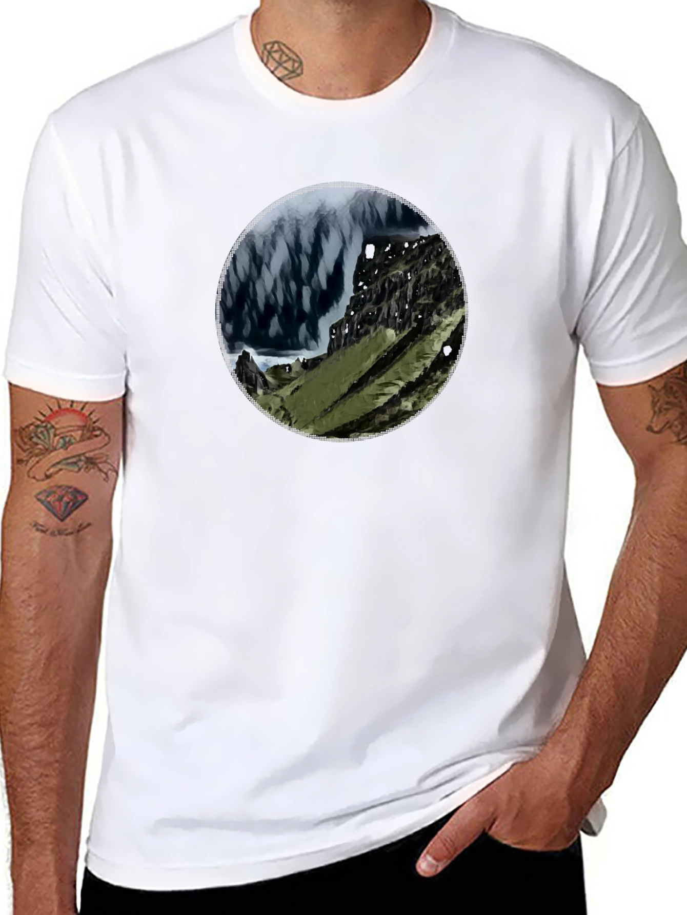 Abstract Mountain Scene Graphic Tee - Black
