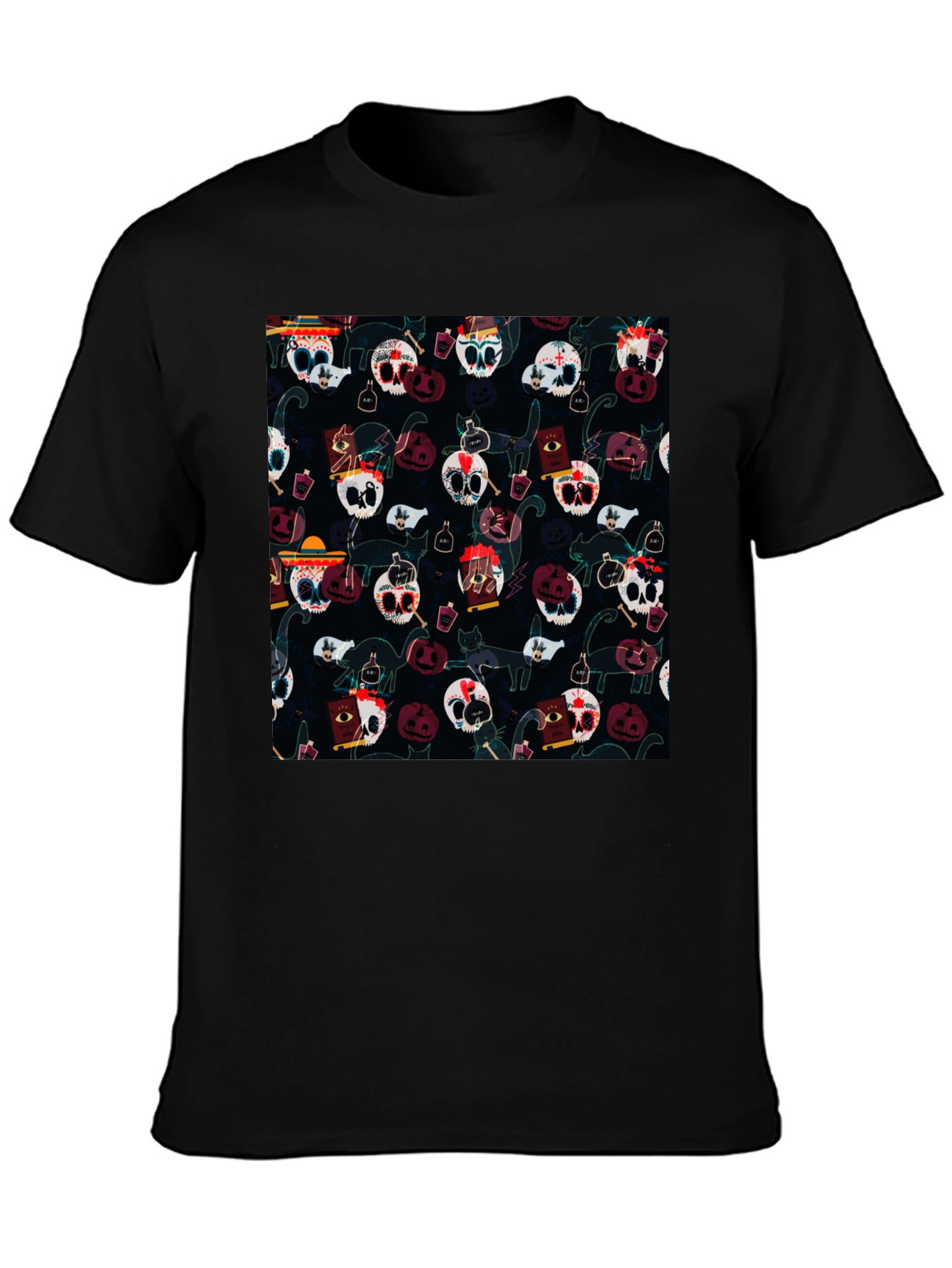 Skull & Cat Pattern T-Shirt - Halloween Style Tee