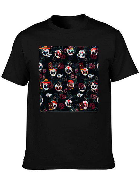Skull & Cat Pattern T-Shirt - Halloween Style Tee