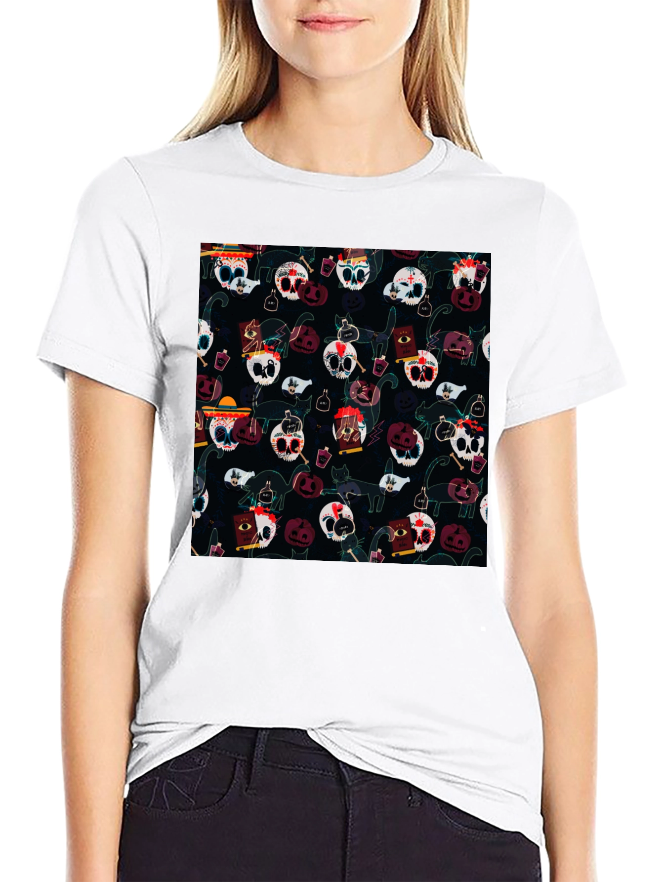 Skull & Cat Pattern T-Shirt - Halloween Style Tee