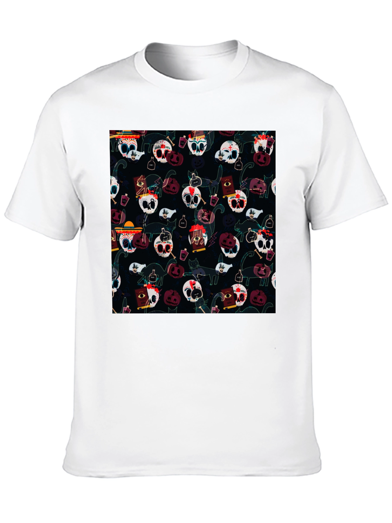 Skull & Cat Pattern T-Shirt - Halloween Style Tee