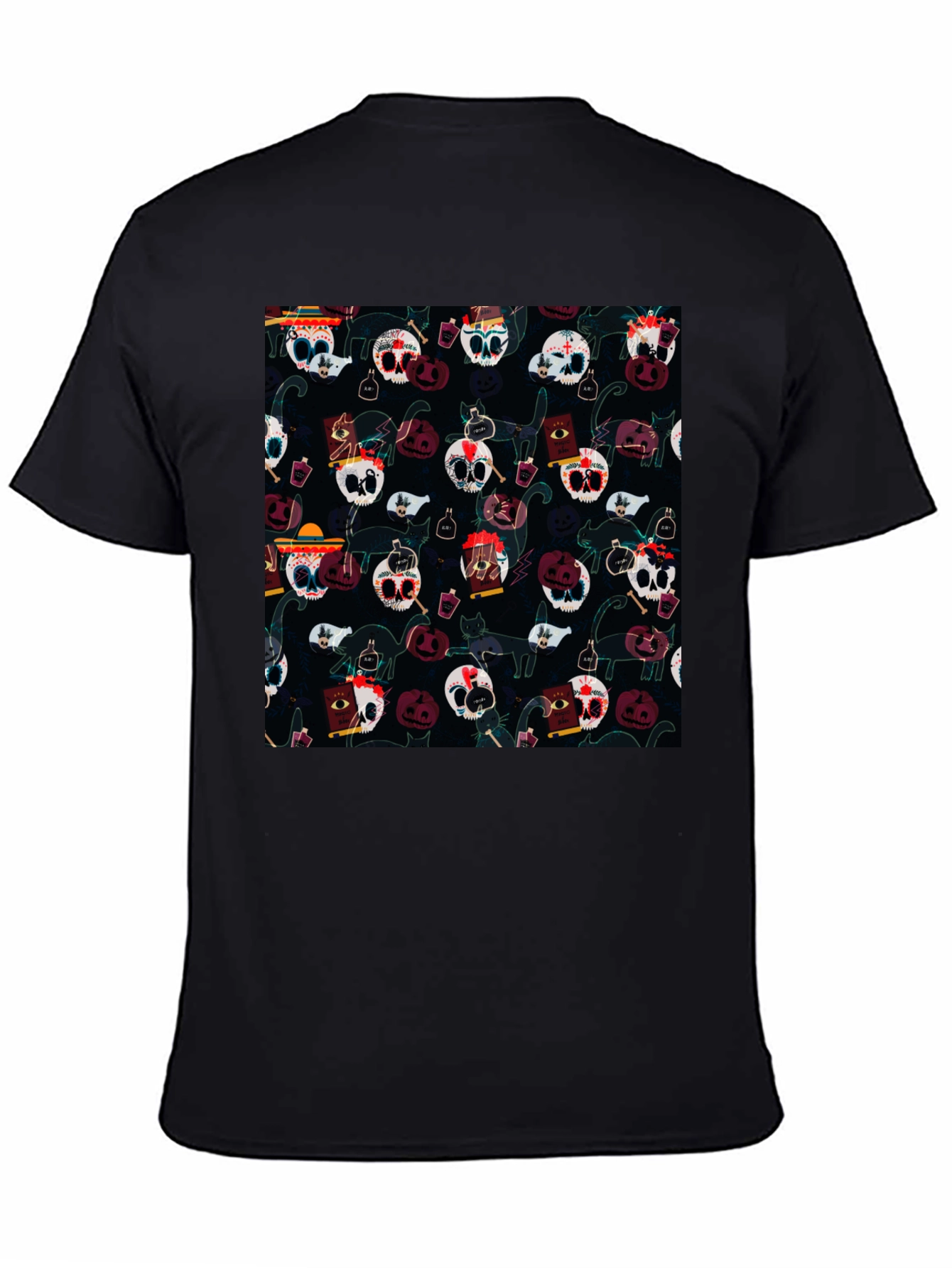 Skull & Cat Pattern T-Shirt - Halloween Style Tee
