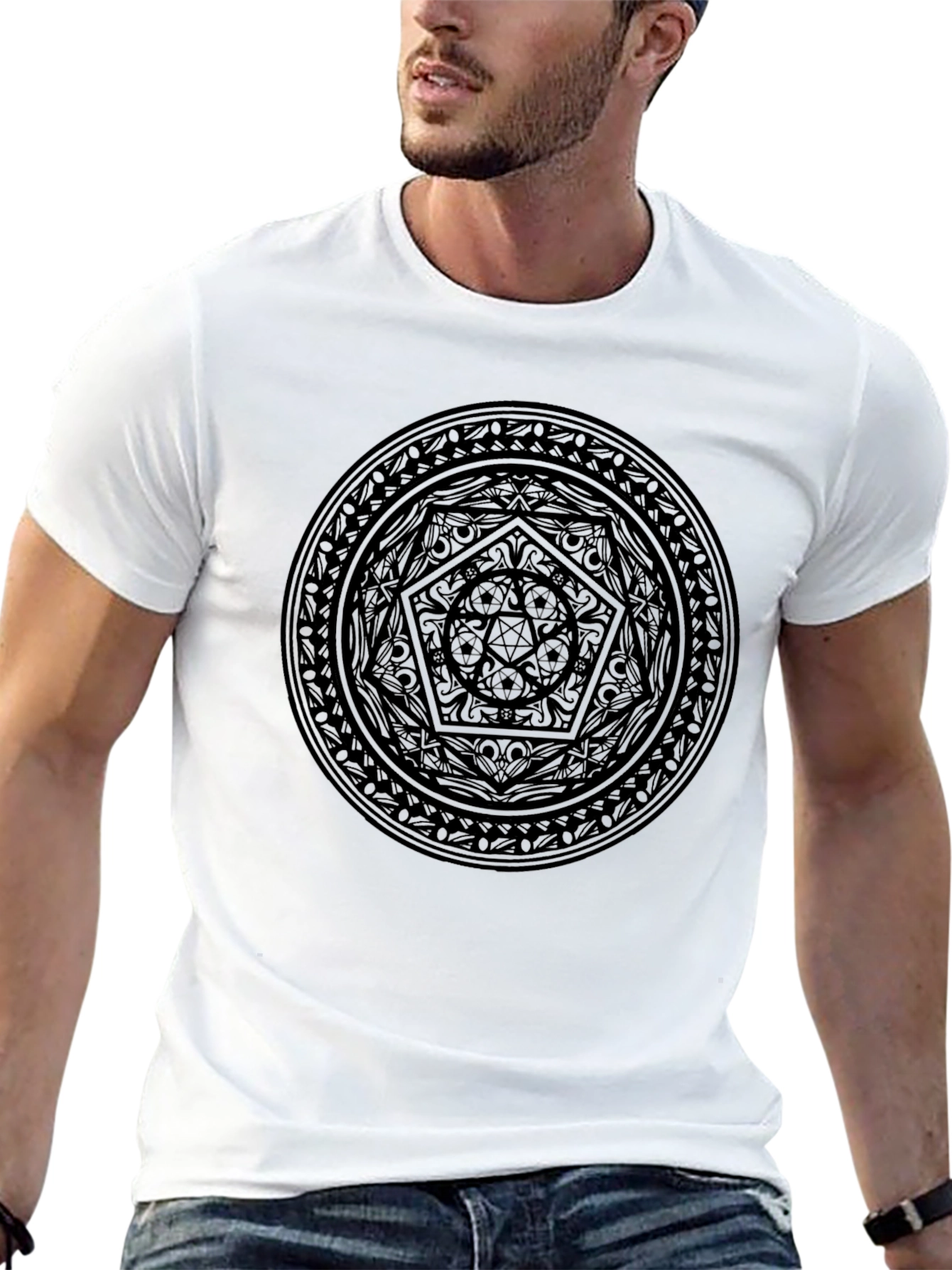 Black Graphic T-Shirt with Mystical Circle Design