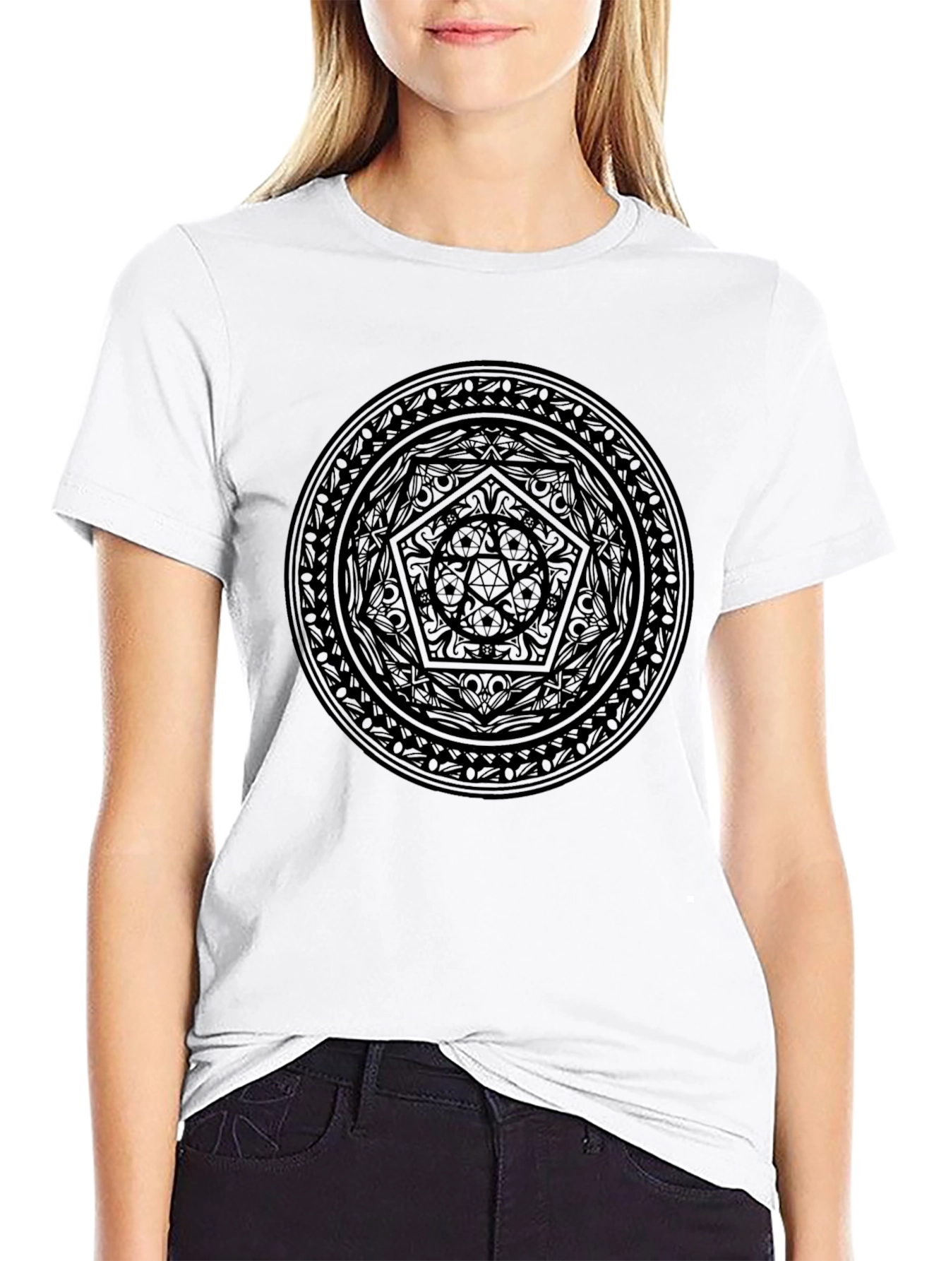 Black Graphic T-Shirt with Mystical Circle Design