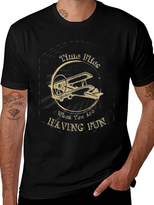 Time Flies Biplane Graphic Tee - Vintage Style Black T-Shirt
