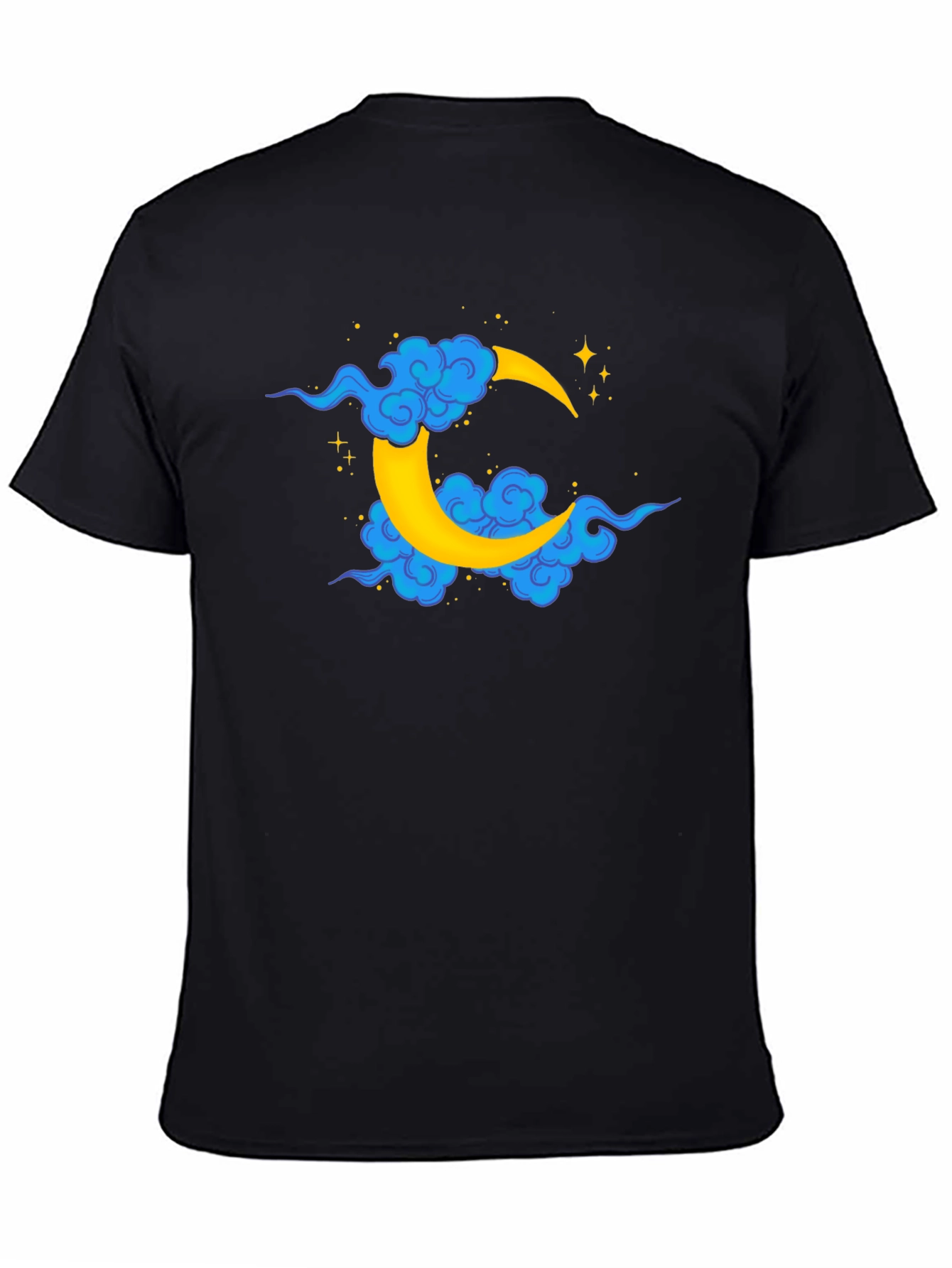 Black T-Shirt with Crescent Moon and Clouds Design