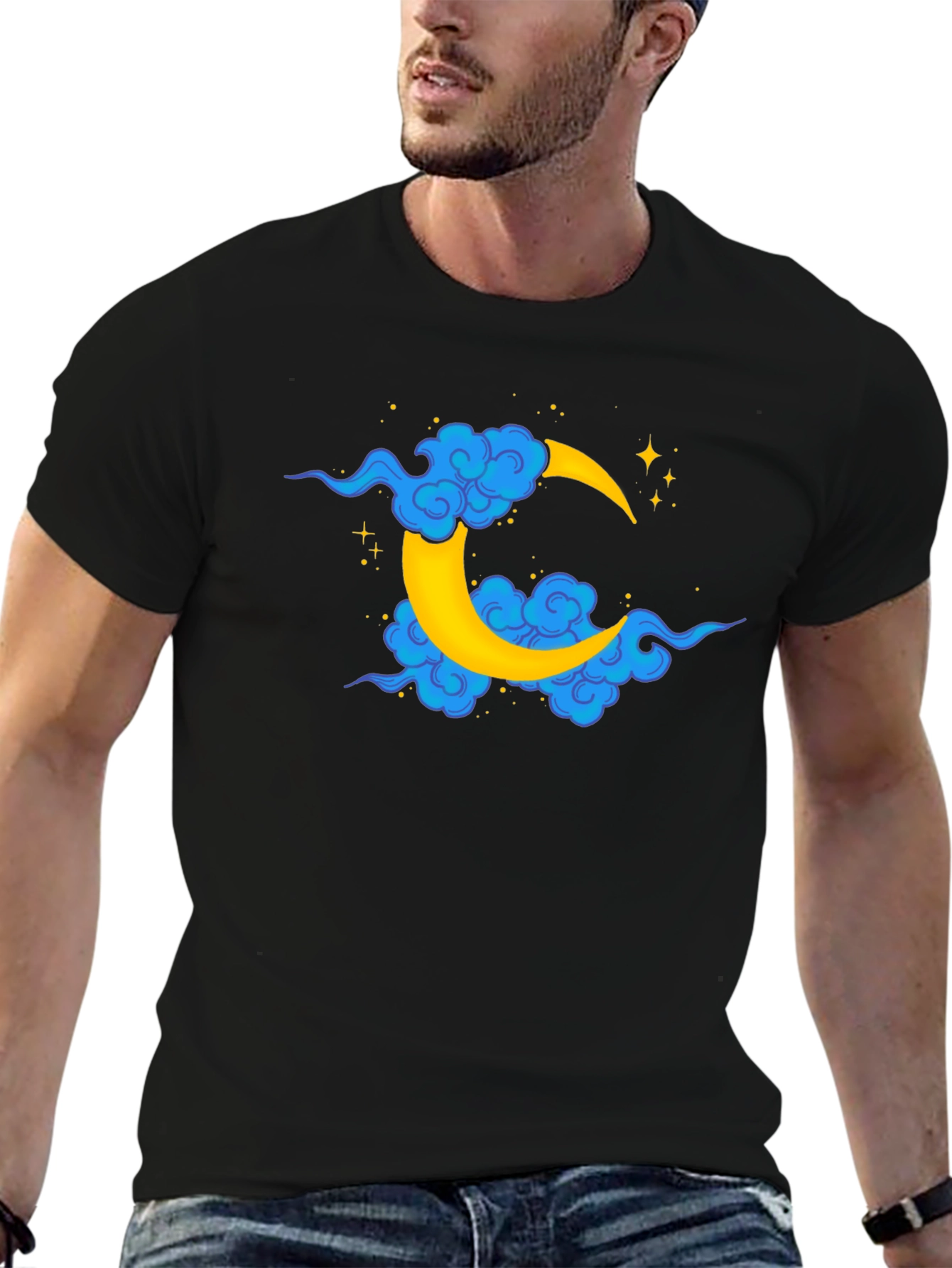 Black T-Shirt with Crescent Moon and Clouds Design