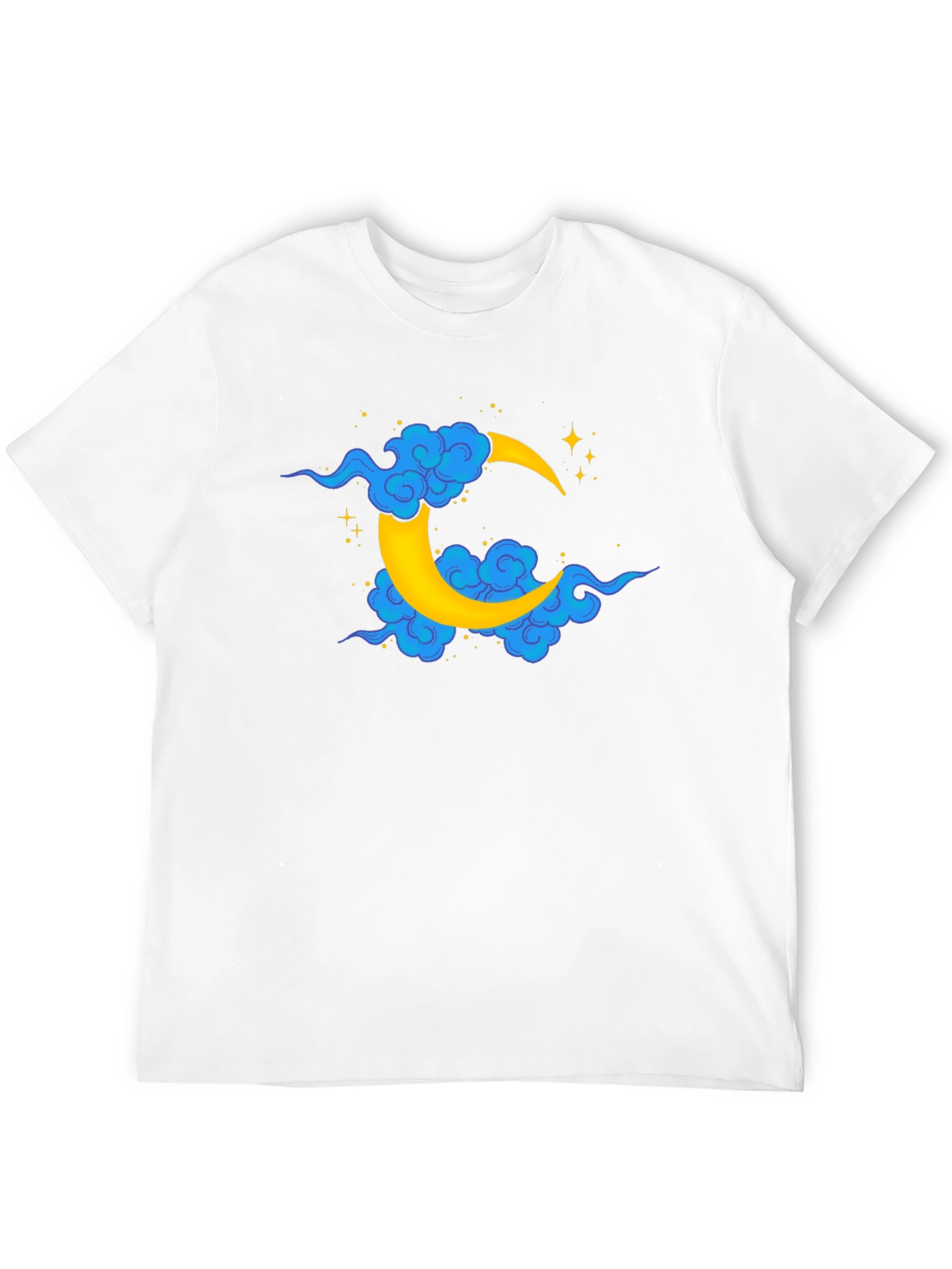 Black T-Shirt with Crescent Moon and Clouds Design