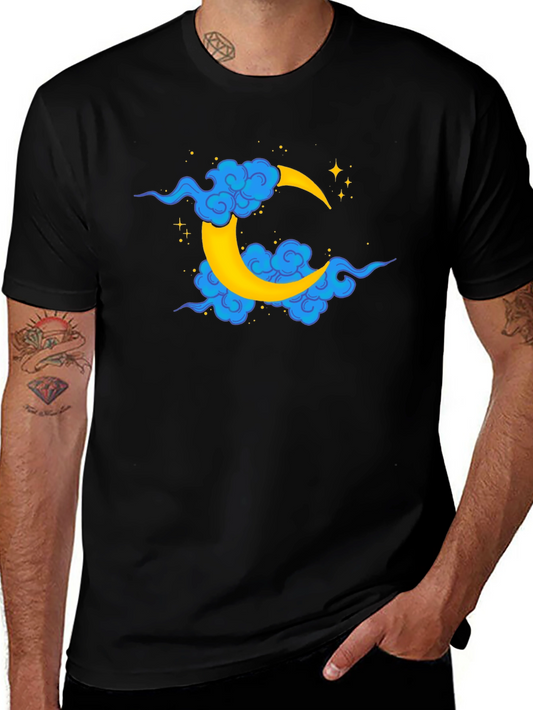 Black T-Shirt with Crescent Moon and Clouds Design