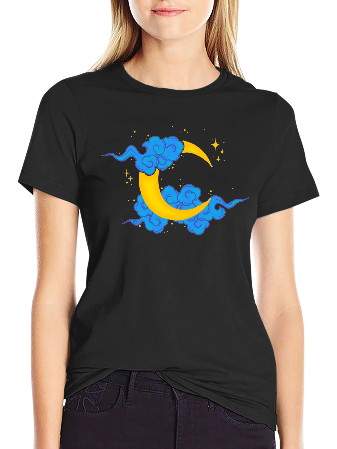Black T-Shirt with Crescent Moon and Clouds Design