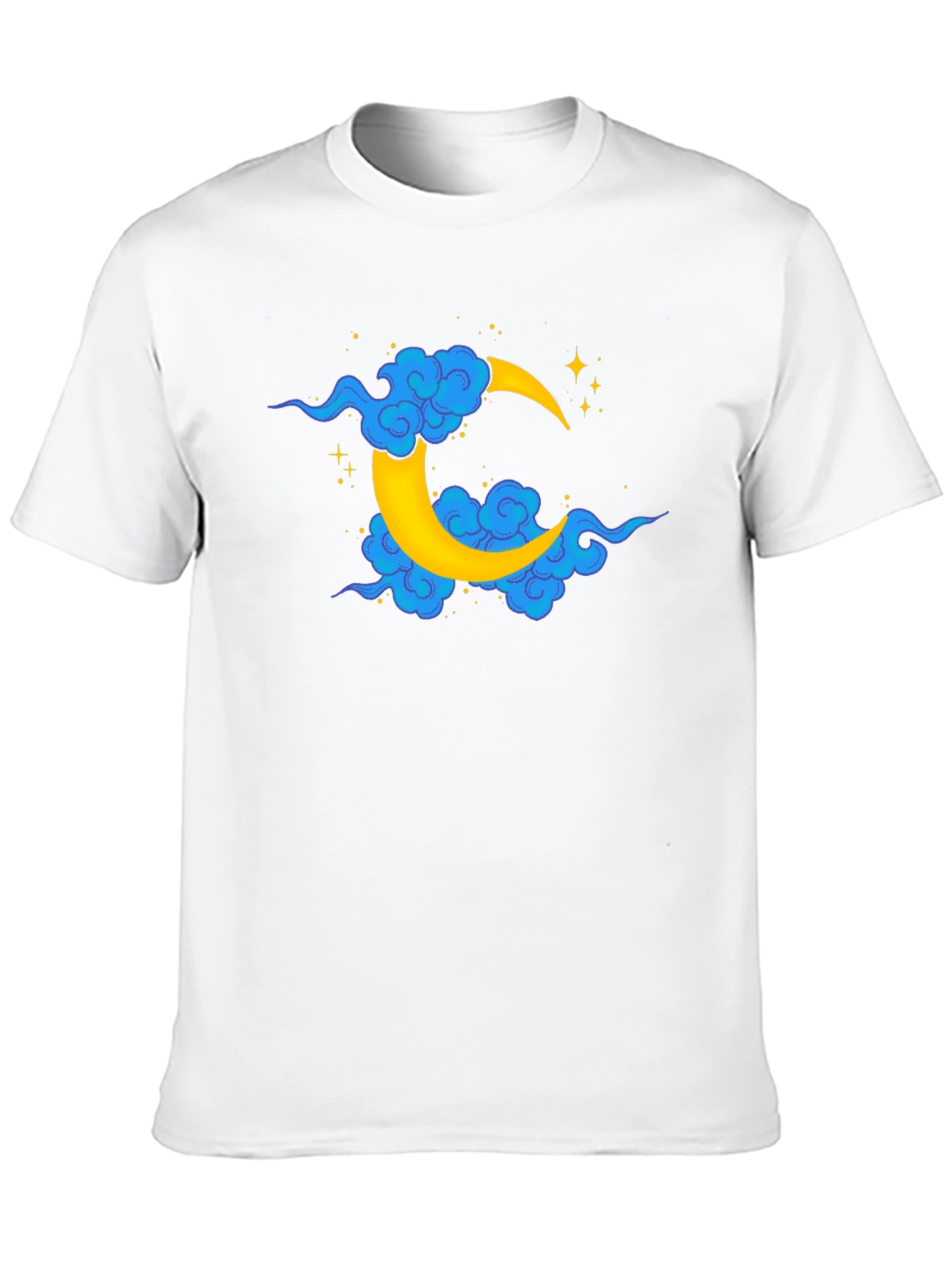 Black T-Shirt with Crescent Moon and Clouds Design