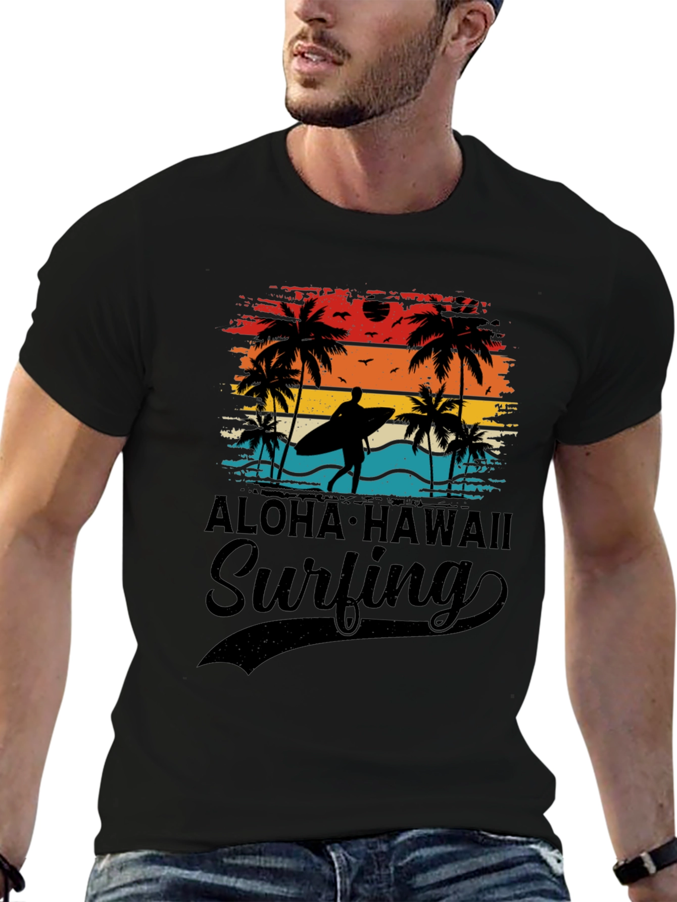 Aloha Hawaii Surfing T-Shirt Palm Tree Sunset Tee