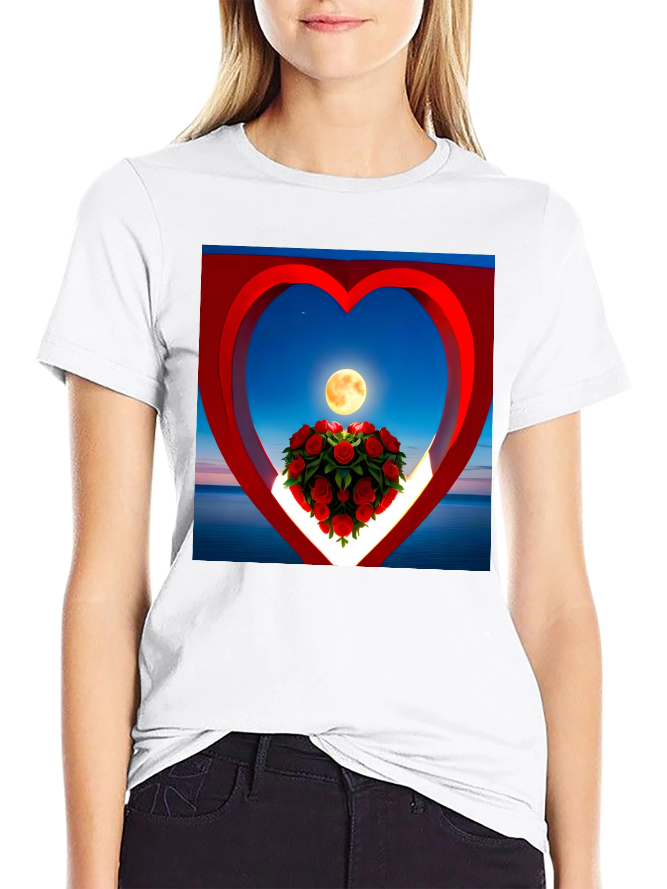 Romantic Roses & Moon Heart Graphic Tee