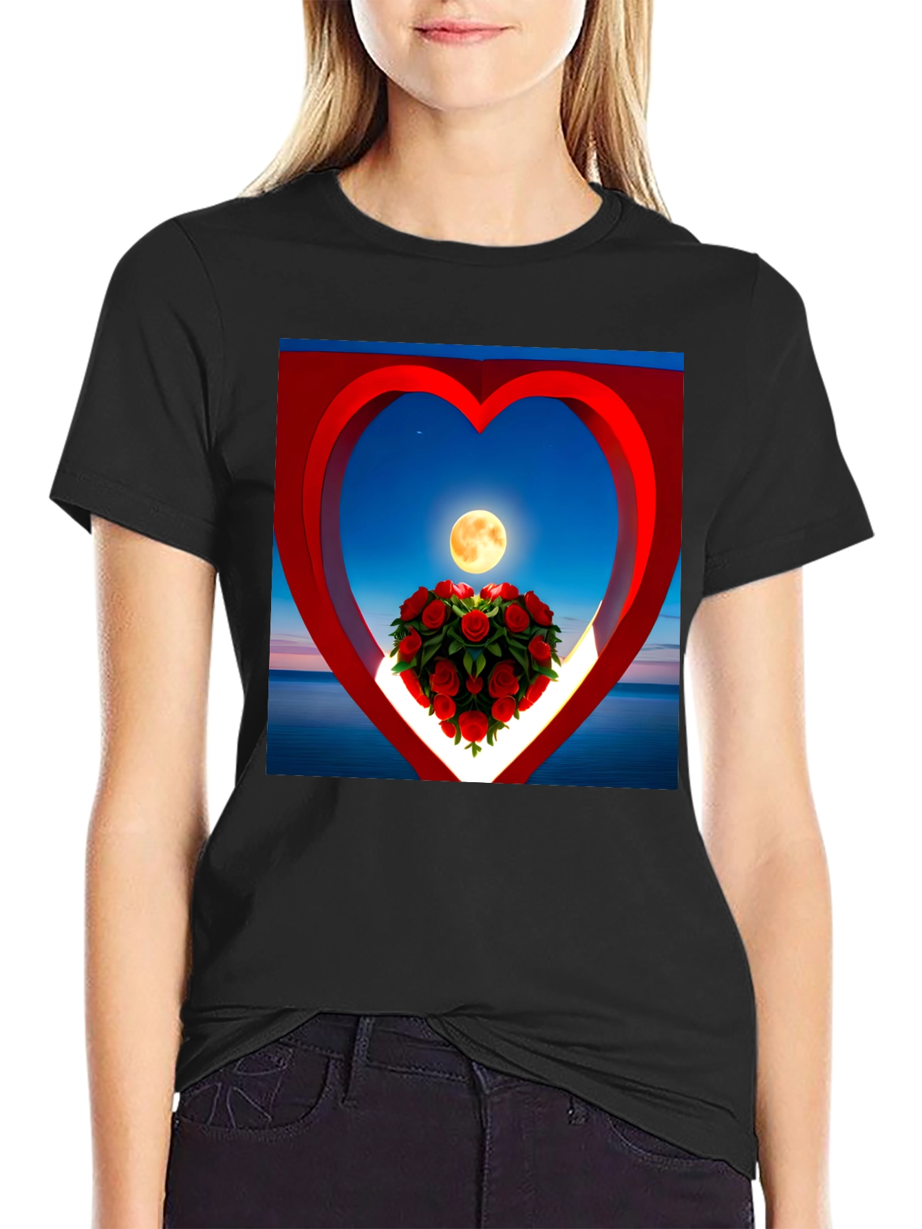 Romantic Roses & Moon Heart Graphic Tee