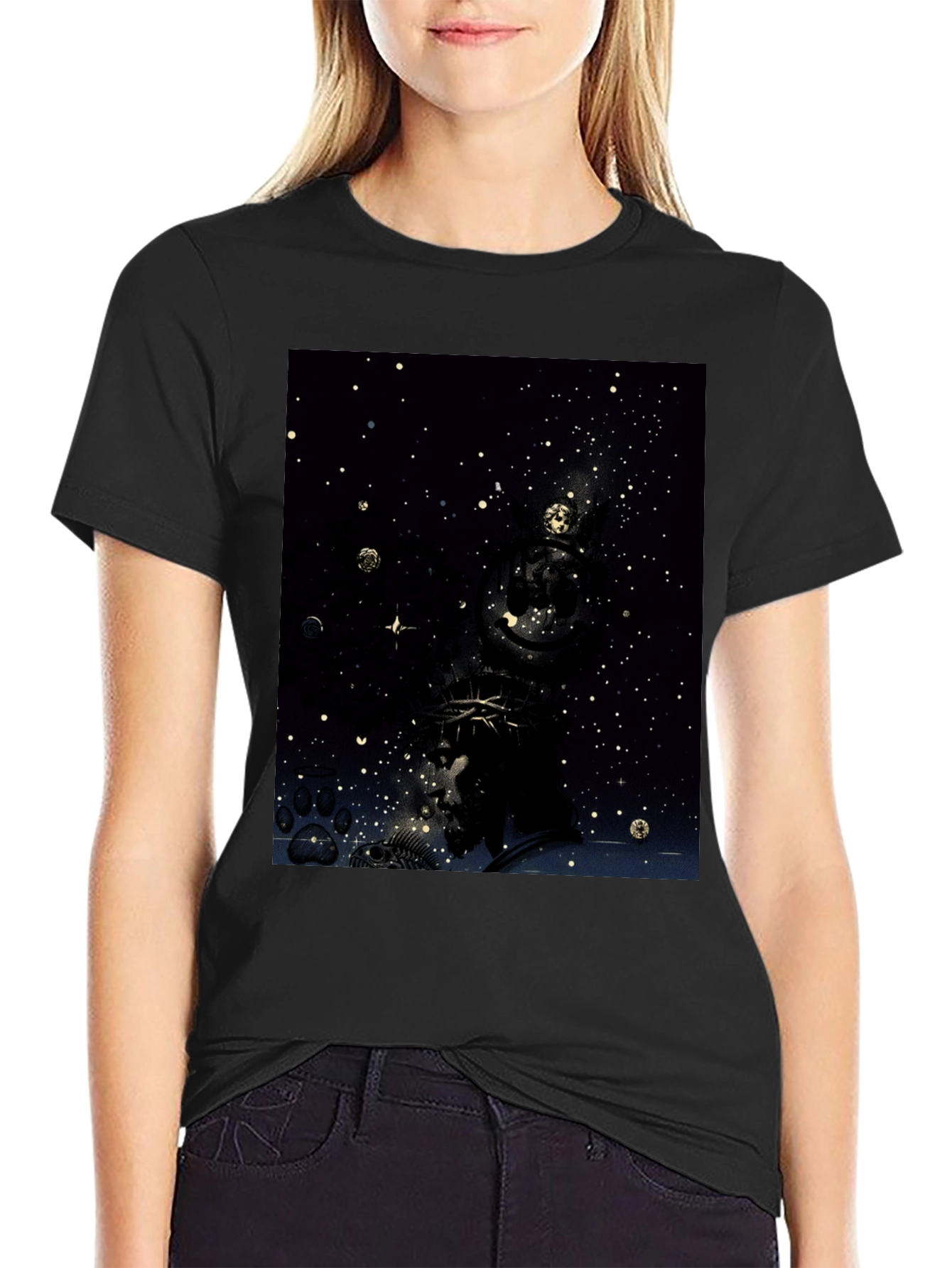 Celestial Crown Graphic Tee - Black Cotton Blend