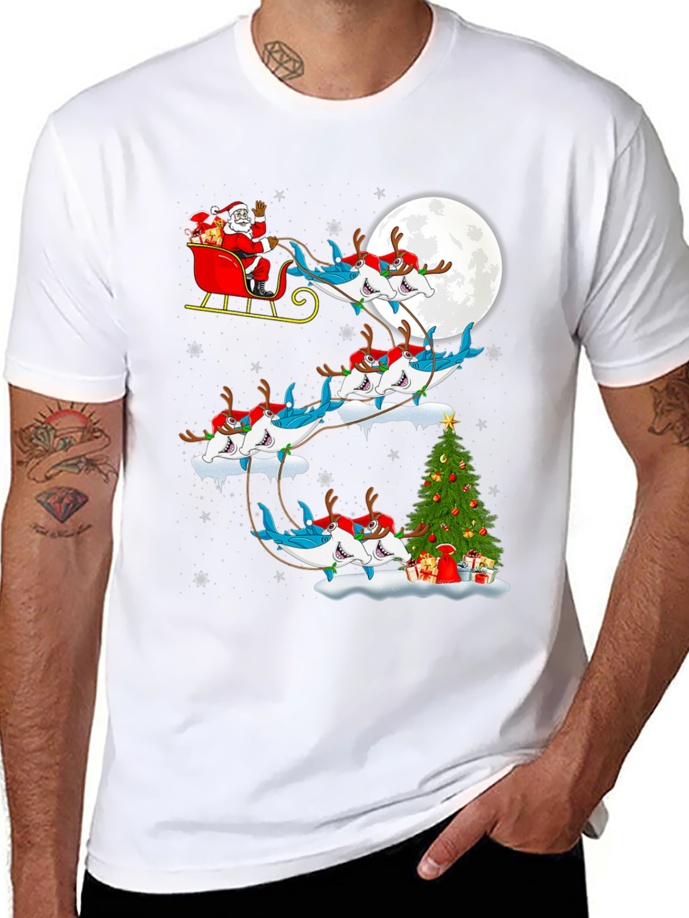 Shark Santa Sleigh Christmas Tee