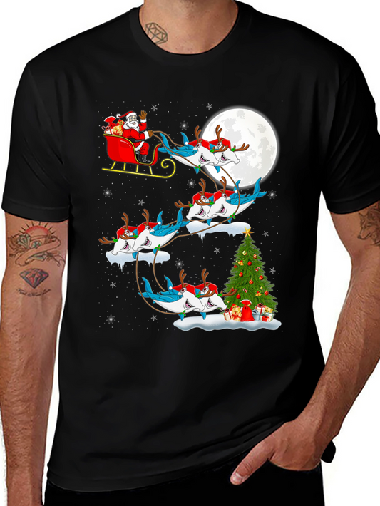 Shark Santa Sleigh Christmas Tee